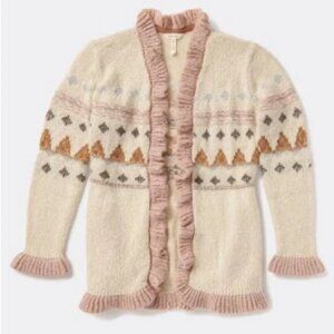 Matilda Jane Jacie Open Front Ruffle Cardigan Pink Cream Wool Blend (Size S)